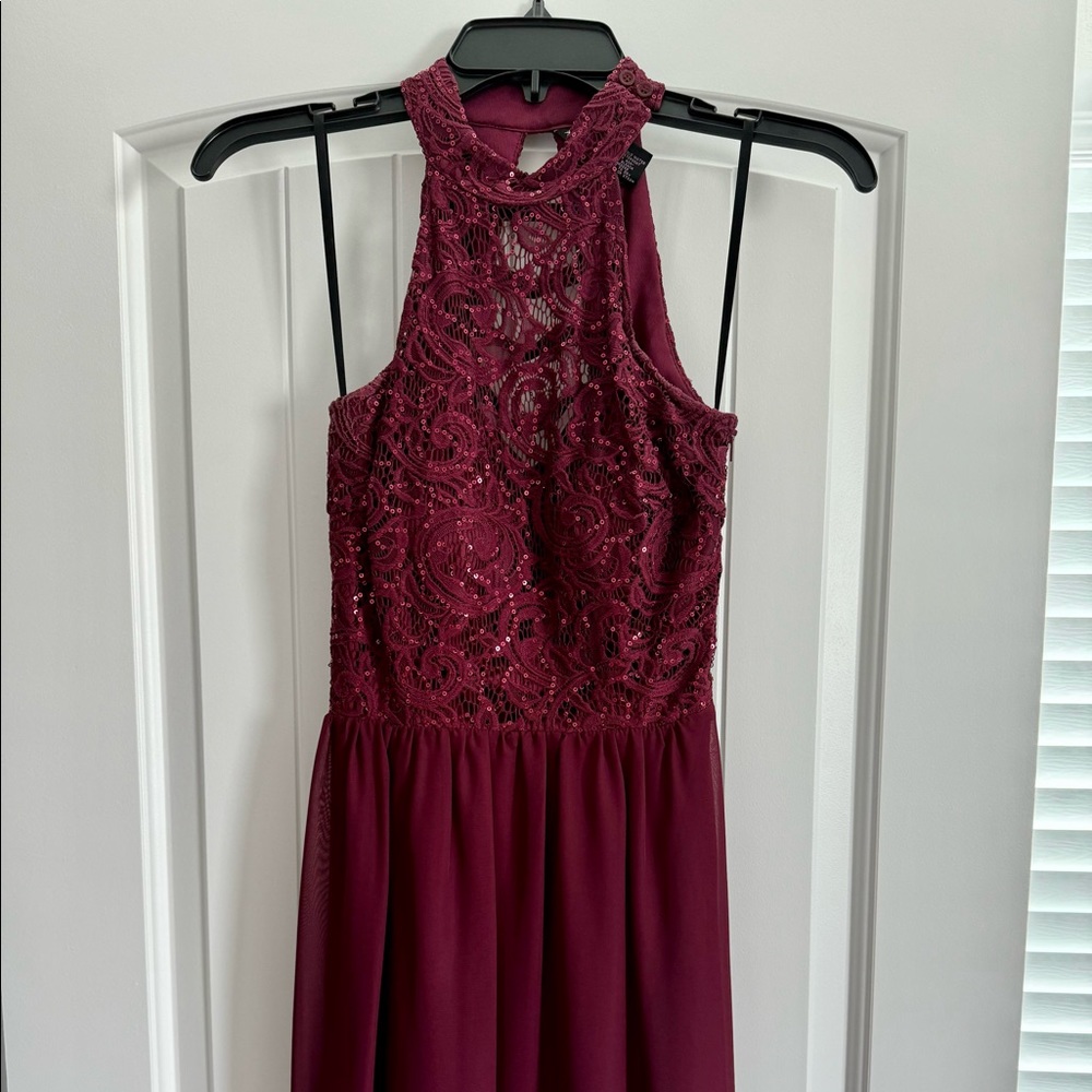 Formal Dress, Full length, Sequins, Maroon red